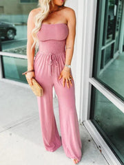 Off-the-shoulder solid color gathered jumpsuit