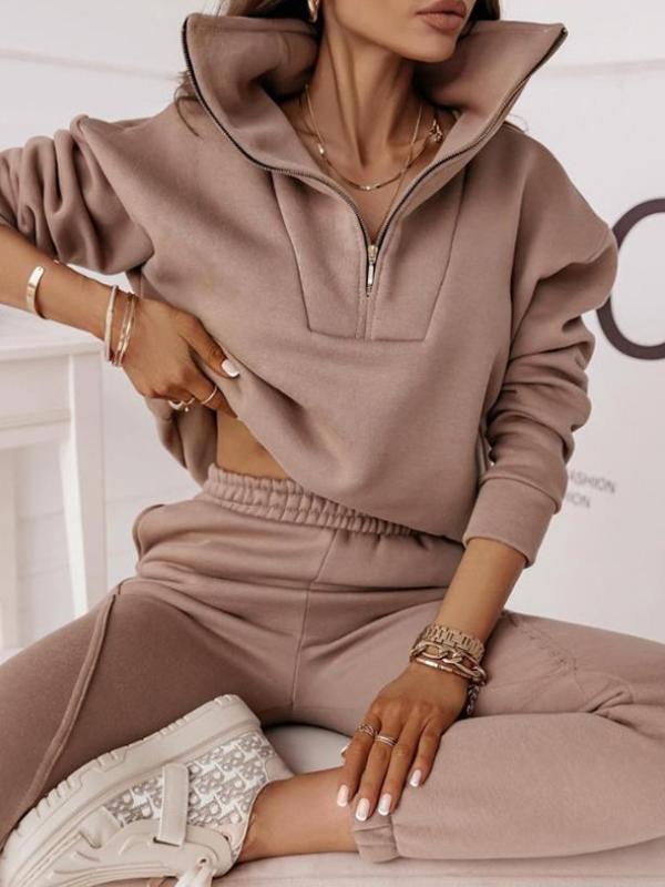 Casual sweatshirt stand collar zipper solid color trousers suit