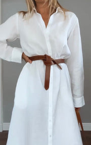 Women's Casual Solid Color Linen Shirt Dress Without Belt