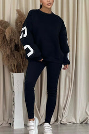 Women's casual back letter print sweatshirt and leggings two-piece set