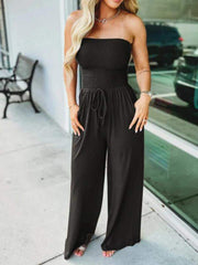 Off-the-shoulder solid color gathered jumpsuit