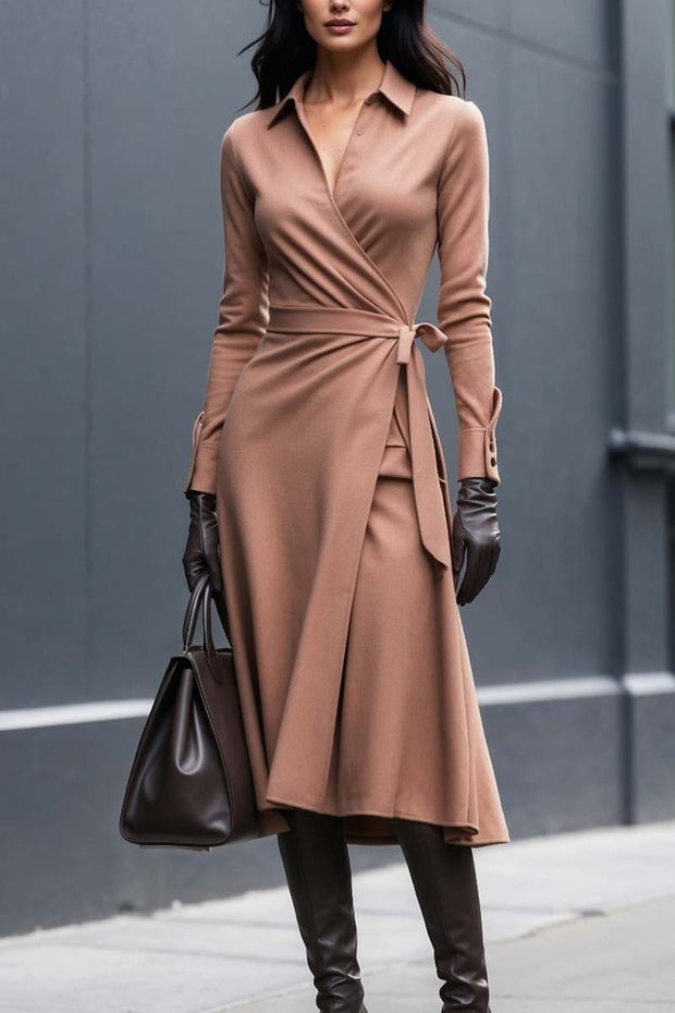 Women's elegant waist tie solid color dress