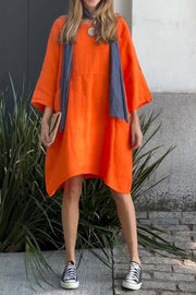 Casual solid color cotton and linen dress