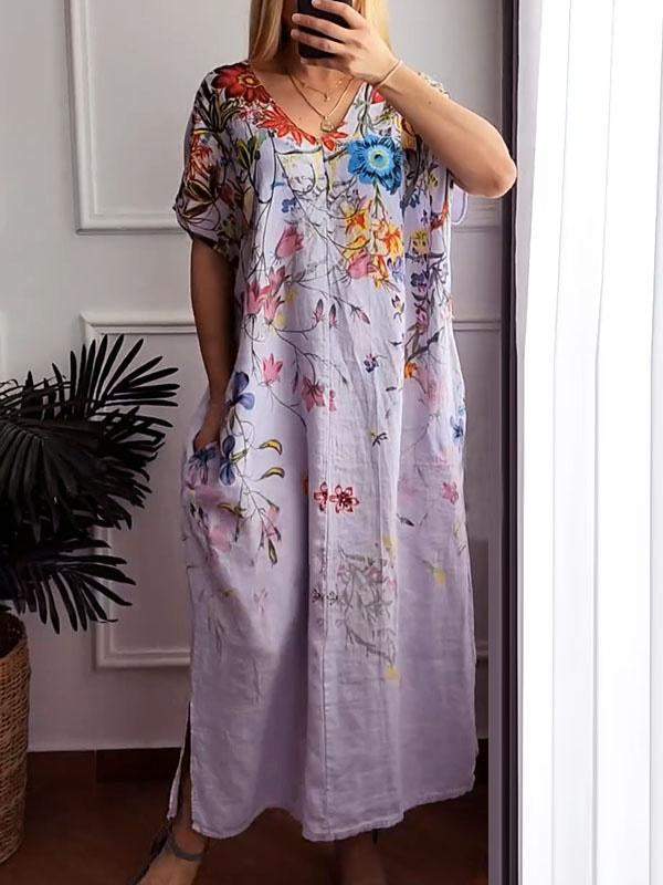 Summer cotton and linen printed short-sleeved dress