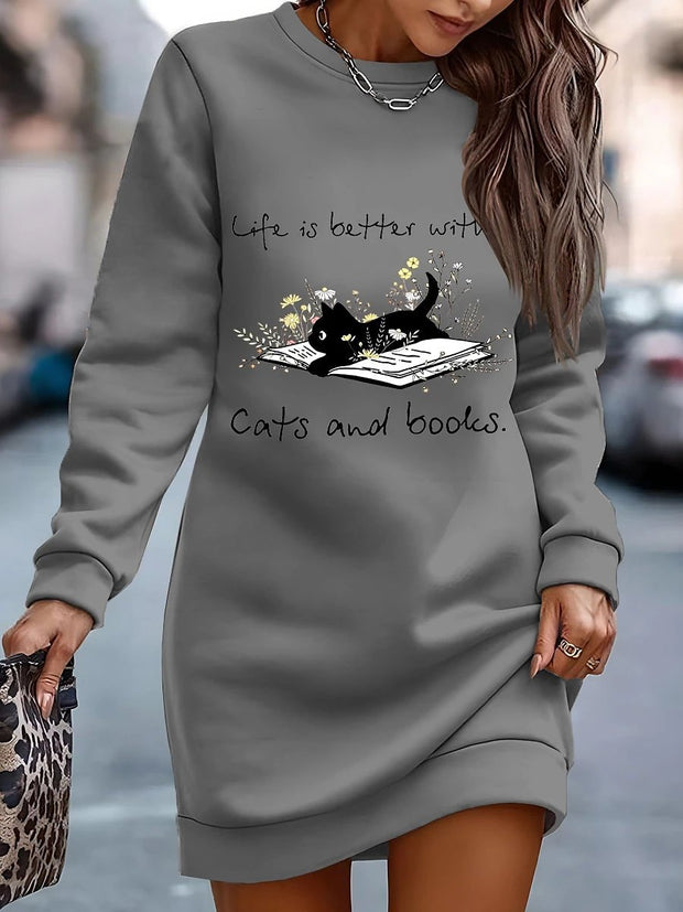 Women's Sweatshirt Dress Casual Dress Mini Dress Warm Fashion Outdoor Vacation Going out Crew Neck Print Cat Letter Regular Fit