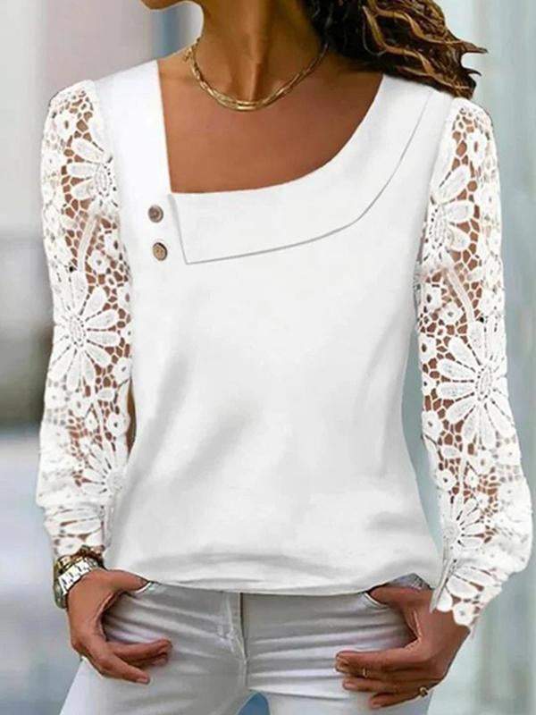 Women's Slant Neck Lace Long Sleeve Top