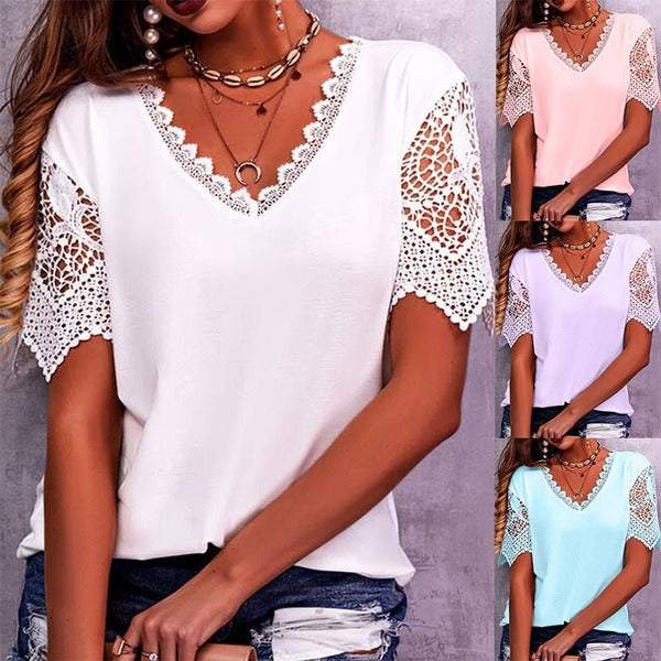 Women's lace stitching loose V-neck T-shirt