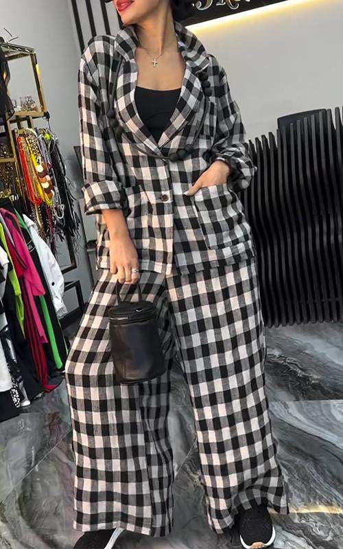 Women's Lapel Long Sleeve Plaid Printed Casual Two-Piece Suit