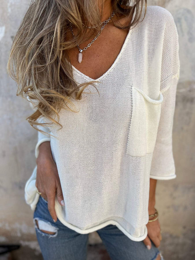 Women's V-neck Long-sleeved Knitted Casual Top