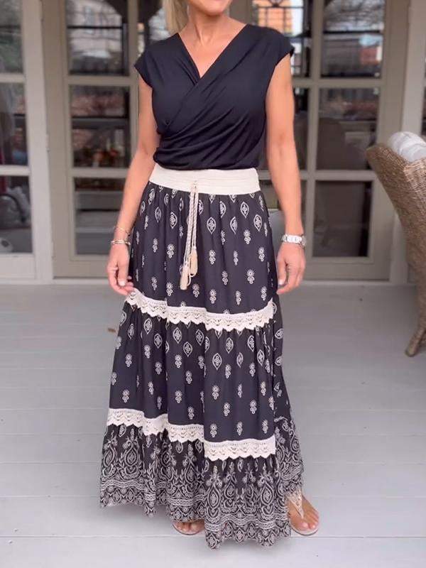 Casual V-neck Printed Skirt Two-piece Suit