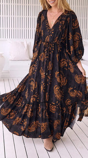 Women's V-neck Printed Long-sleeved Casual Dress