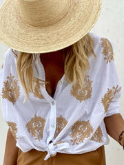 Casual embroidered cotton and linen shirt top