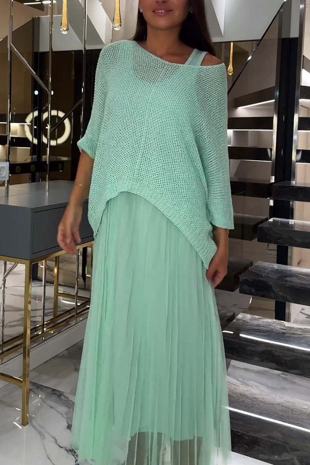 Women's elegant knitted top and slip dress two-piece set