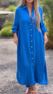 Women's Casual Solid Color Button Front Linen Shirt Dress