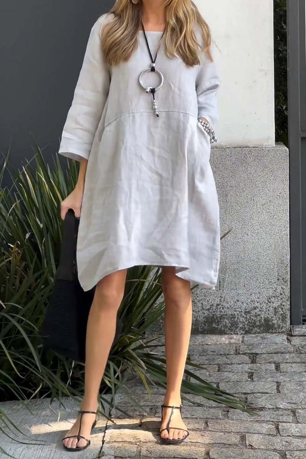 Casual solid color cotton and linen dress