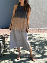 Women's casual cotton and linen sleeveless slit gradient tie-dye long dress