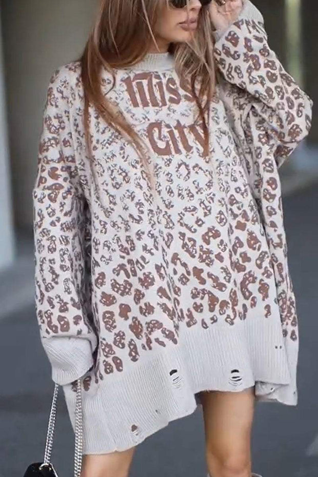 Leopard Print Crew Neck Long Sleeve Pullover Sweater