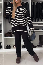 Women's Multi-colored Striped Crew Neck Pullover Casual Knit Suit