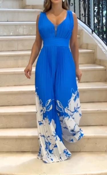 Printed casual V-neck jumpsuit