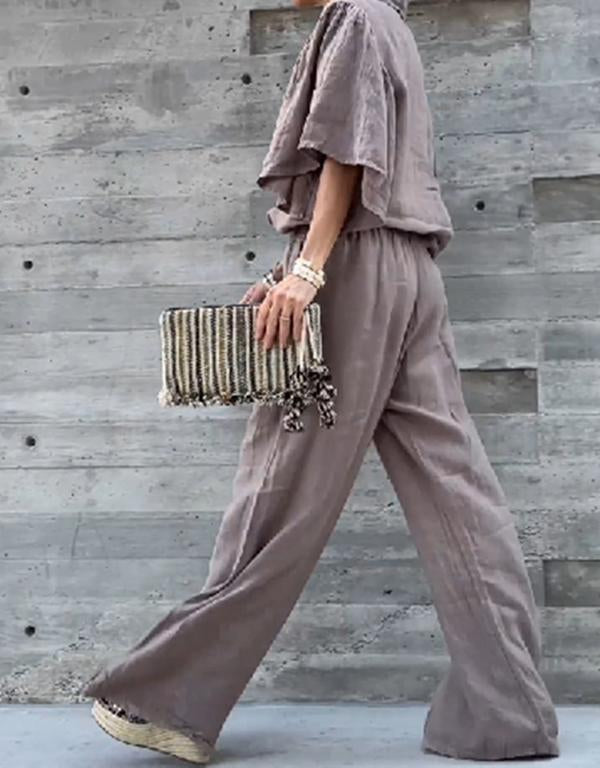 Ruffle sleeve lapel cotton and linen top + wide-leg pants two-piece set