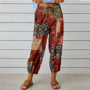 Cotton and Linen Drawstring Cropped Trousers with Retro Print