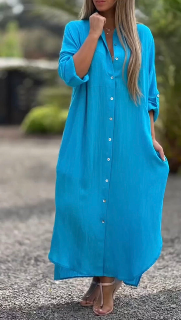 Women's Casual Solid Color Button Front Linen Shirt Dress