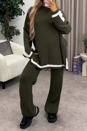 Women's Casual Loose Contrast Trim Knitted Suit