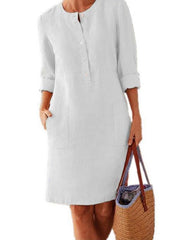 Cotton & Linen Round Neck Long Sleeve Dress