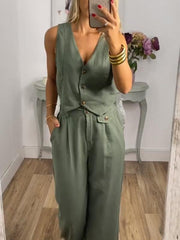 Vest top + wide leg pants cotton and linen two-piece set