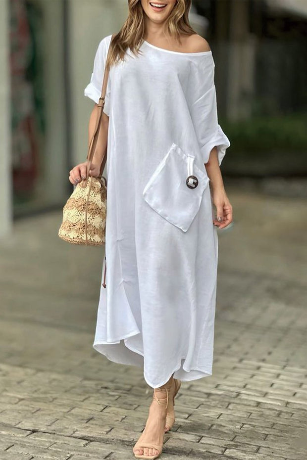 Patch pocket round neck cotton and linen dress