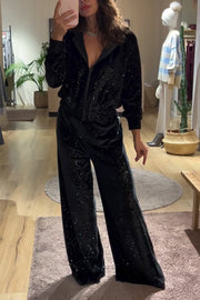 Women's Casual Hooded Sequined Two-piece Suit