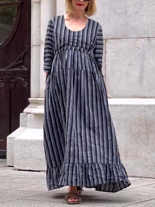 Women's Round Neck Mid-length Sleeve Striped Loose Dress