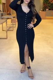 Women's V-neck Long-sleeved Knitted Dress