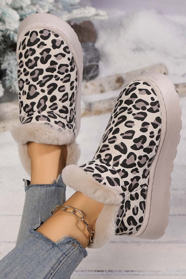 Women's thickened velvet round toe thick sole leopard print snow boots