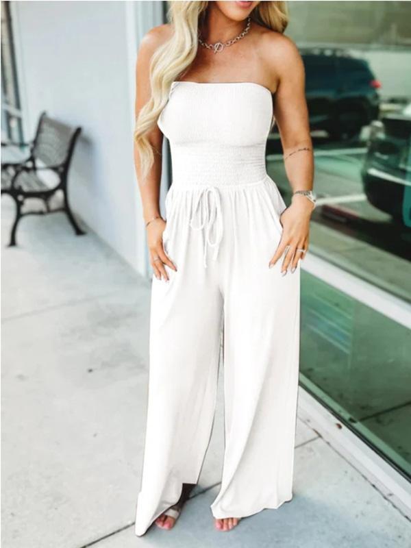 Off-the-shoulder solid color gathered jumpsuit