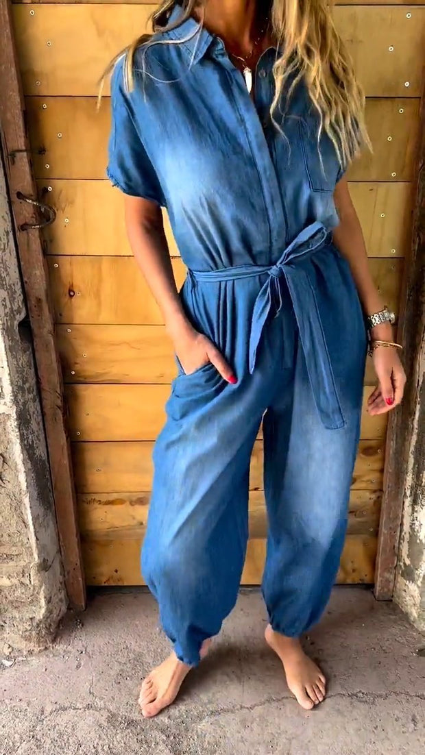 Lapel Denim Leggings Jumpsuit