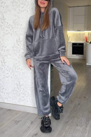 Women's Casual Hooded Suede Two-piece Suit