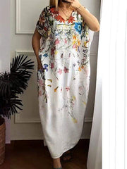 Summer cotton and linen printed short-sleeved dress