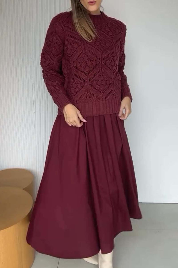 Women's solid color long sleeve knitted patchwork pleated dress