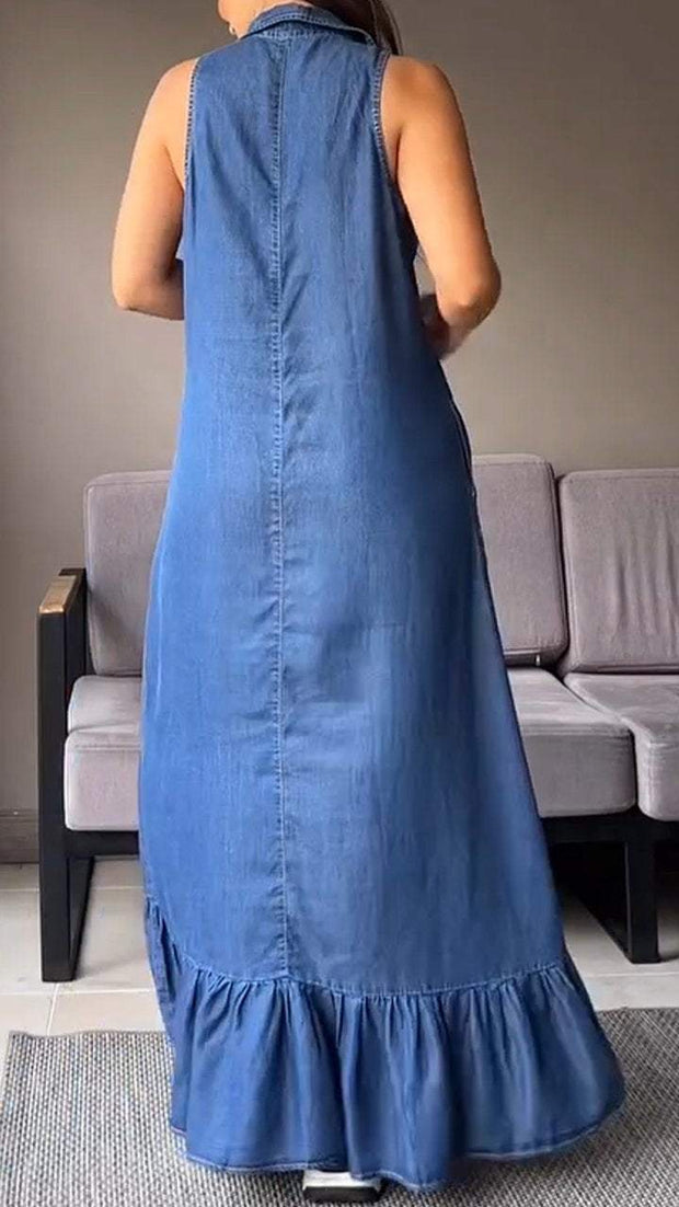 Thin Denim Sleeveless Lapel Dress