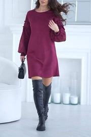 Women's Casual Round Neck Puff Sleeve Short Dress