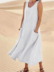 Women's Pocket Sleeveless Round Neck Cotton & Linen Dress