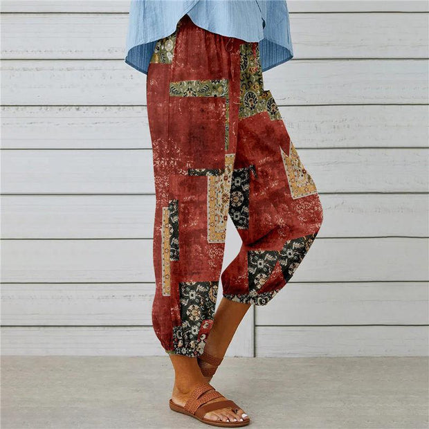 Cotton and Linen Drawstring Cropped Trousers with Retro Print