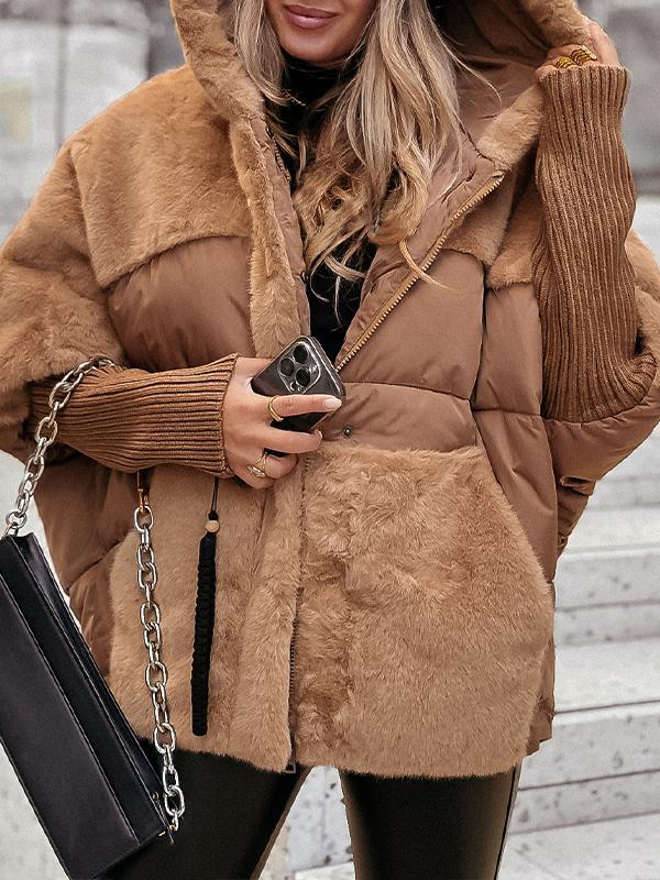 Women's Hooded Long-sleeved Fur Patchwork Winter Casual Coat