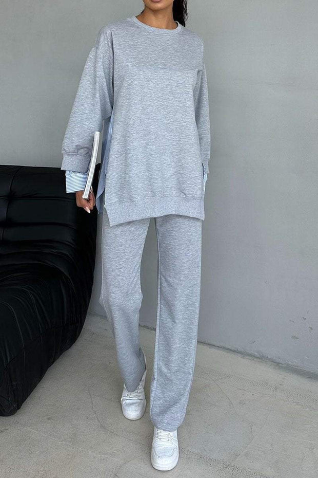 Women's Round Neck Long Sleeve Patchwork Sweatshirt Two Piece Set