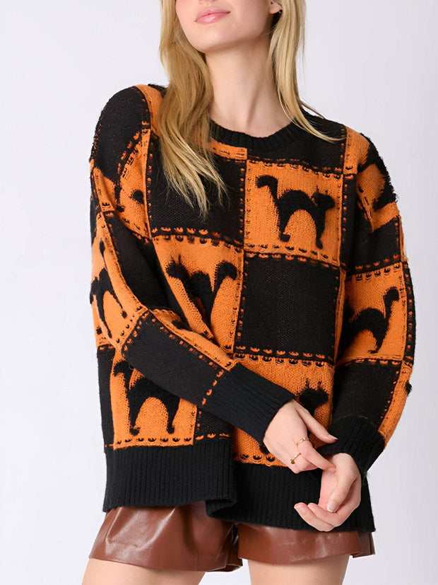 Women's Round-neck Halloween Ghost Plaid Pullover Knitted Sweater