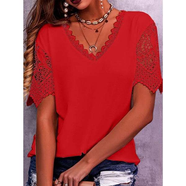 Women's lace stitching loose V-neck T-shirt