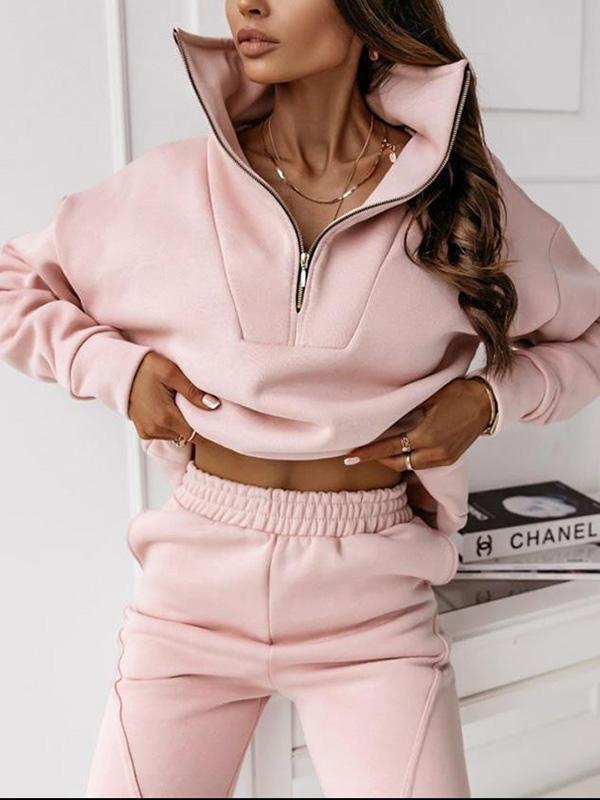 Casual sweatshirt stand collar zipper solid color trousers suit