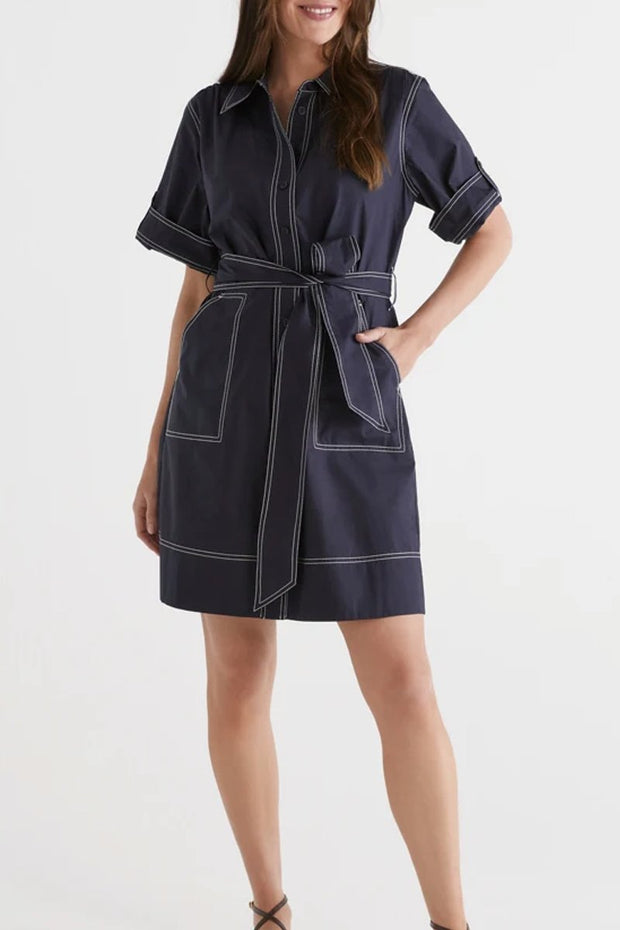 Women's Solid Contrast Stitching Shirt Dress