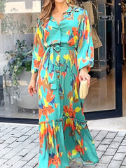 Women's Elegant Printed Lapel Long Sleeve Dress